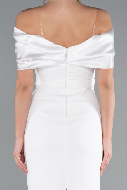 White Satin Boat Neck Stone Midi Evening Dress ABK2212