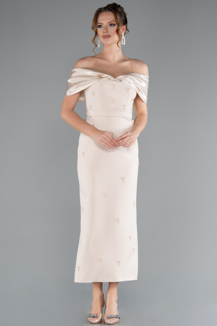 Gold Satin Boat Neck Stone Midi Evening Dress ABK2212