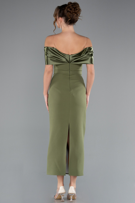 Olive Drab Satin Boat Neck Stone Midi Evening Dress ABK2212