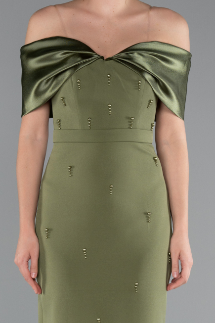 Olive Drab Satin Boat Neck Stone Midi Evening Dress ABK2212