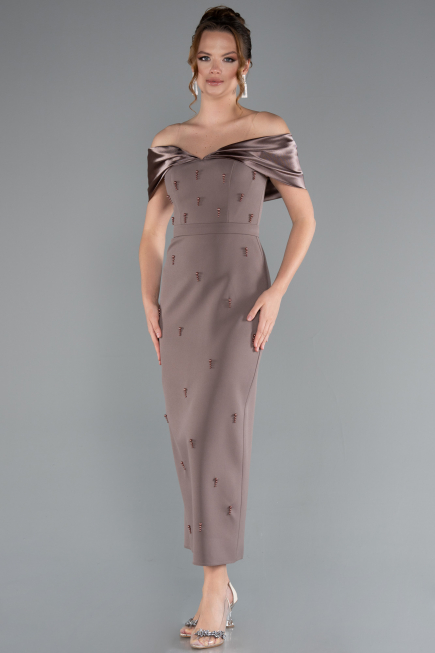 Brown Satin Boat Neck Stone Midi Evening Dress ABK2212
