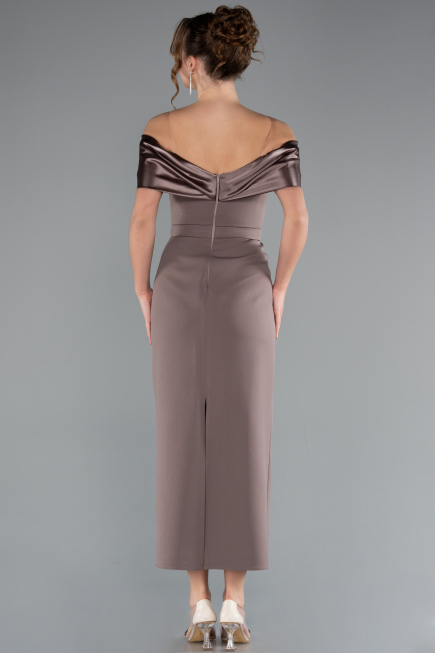 Brown Satin Boat Neck Stone Midi Evening Dress ABK2212