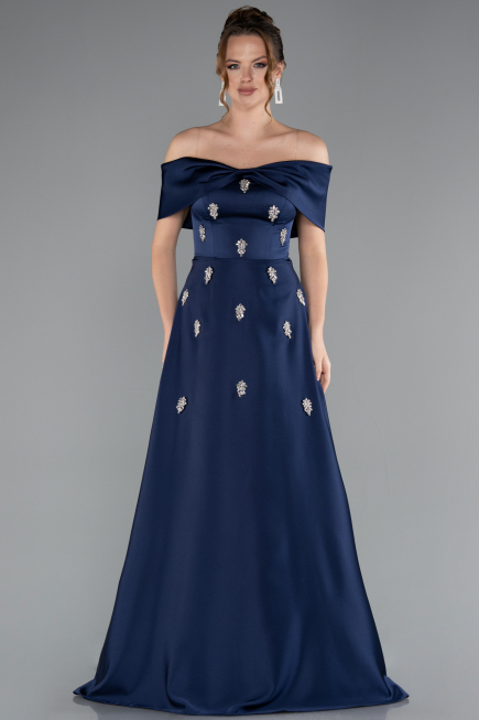 Long Navy Blue Satin Evening Dress ABU5015