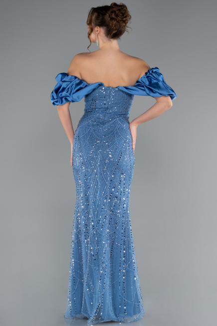 Blue Stoned Strapless Sleeve Accessories Long Mermaid Evening Gown ABU4509