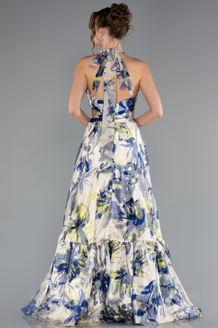 Very Colorful Halter Neck Cut Out Long Printed Satin Evening Gown ABU4686
