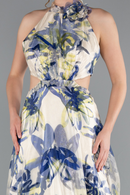 Very Colorful Halter Neck Cut Out Long Printed Satin Evening Gown ABU4686