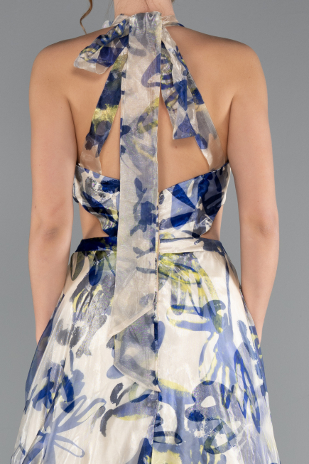 Very Colorful Halter Neck Cut Out Long Printed Satin Evening Gown ABU4686