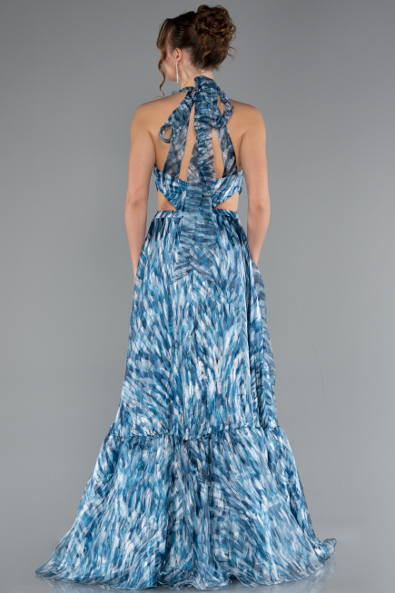 Oil Green Halter Neck Cut Out Long Printed Satin Evening Gown ABU4686