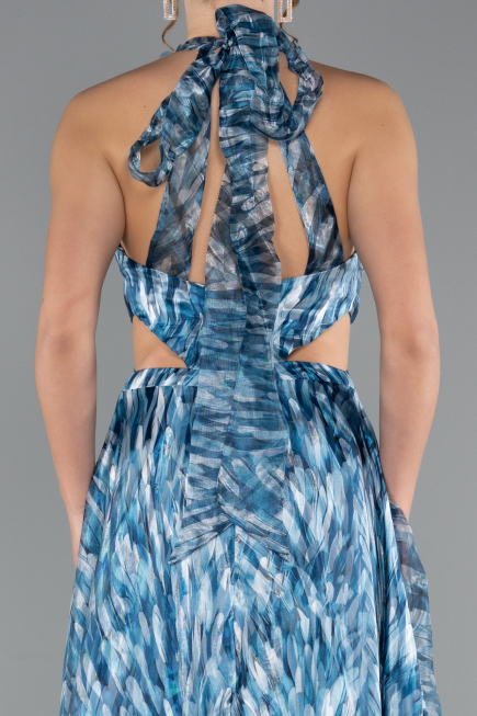 Oil Green Halter Neck Cut Out Long Printed Satin Evening Gown ABU4686