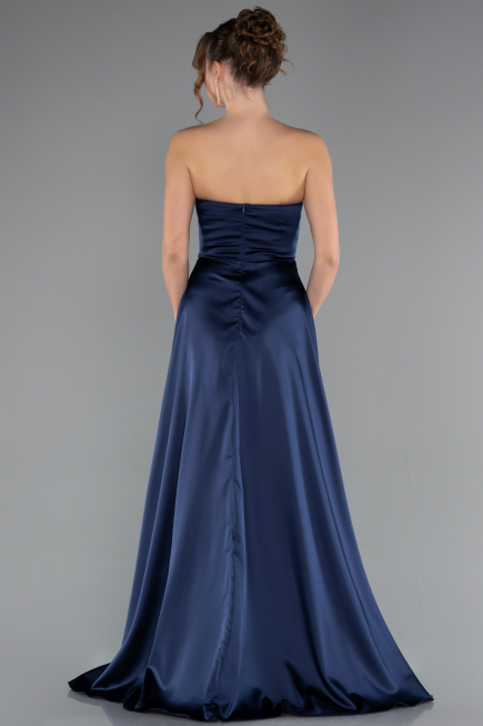 Long Navy Blue Satin Prom Gown ABU5023