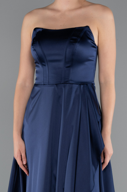 Long Navy Blue Satin Prom Gown ABU5023