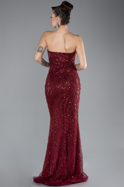 Burgundy Strapless Shawl Stoned Long Evening Gown ABU4517