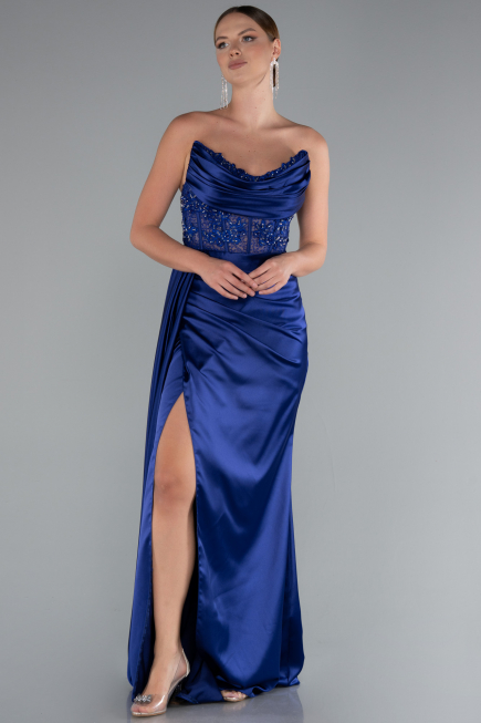 Navy Blue Long Satin Evening Dress ABU5035