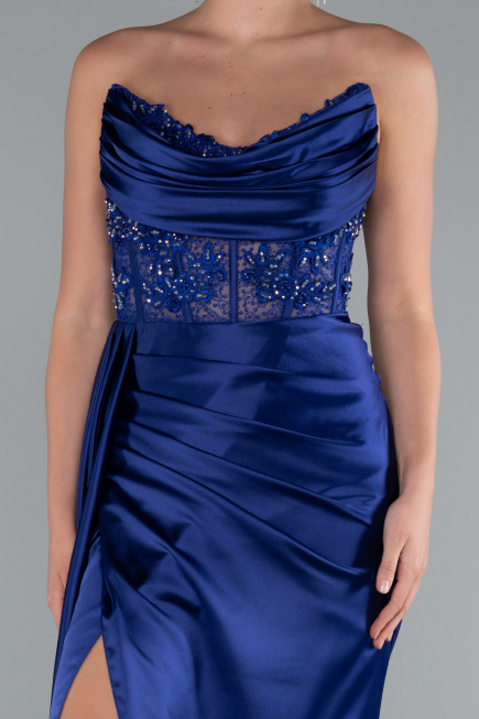 Navy Blue Long Satin Evening Dress ABU5035