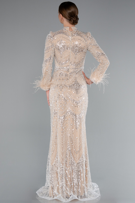 Long Beige Beaded Hijab Dress ABU5056