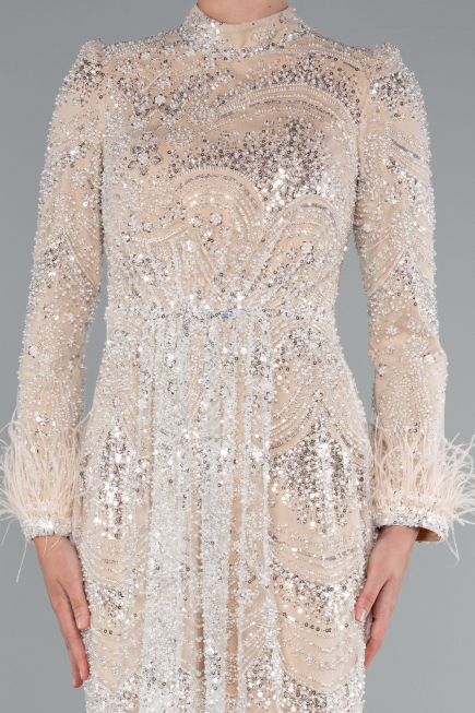 Long Beige Beaded Hijab Dress ABU5056