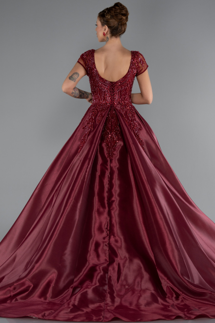 Burgundy Short Sleeve Stone Special Design Evening Dress ABU4449