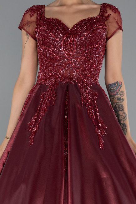 Burgundy Short Sleeve Stone Special Design Evening Dress ABU4449