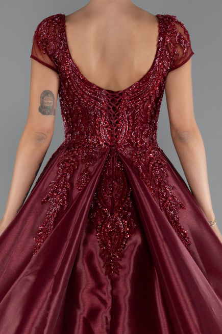 Burgundy Short Sleeve Stone Special Design Evening Dress ABU4449