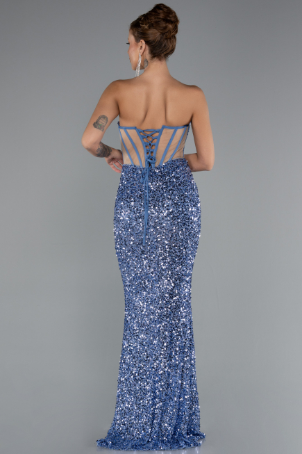 Indigo Strapless Slit Long Scaly Mermaid Prom Dress ABU4790