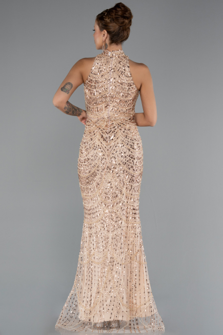 Gold Halter Neck Long Beaded Mermaid Evening Gown ABU4791