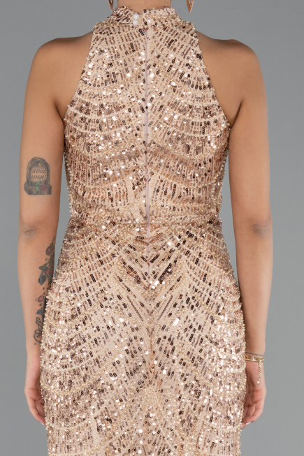 Gold Halter Neck Long Beaded Mermaid Evening Gown ABU4791