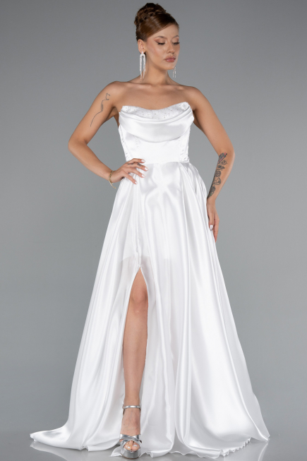 Long White Satin Evening Dress ABU5064