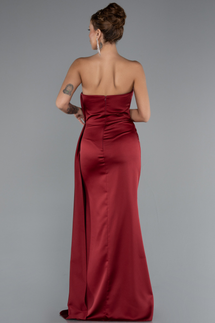 Burgundy Strapless Slit Long Satin Evening Dress ABU4174