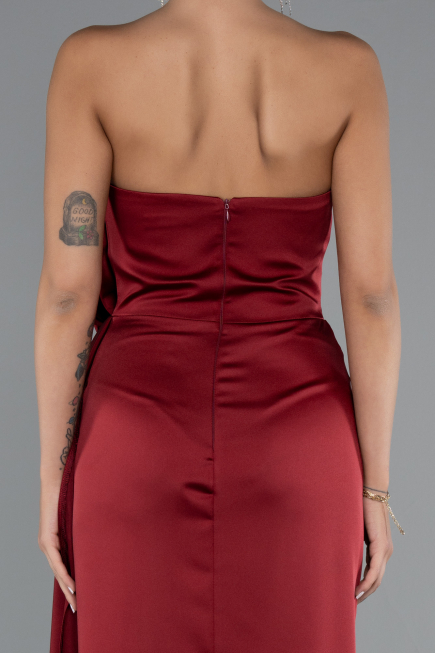 Burgundy Strapless Slit Long Satin Evening Dress ABU4174