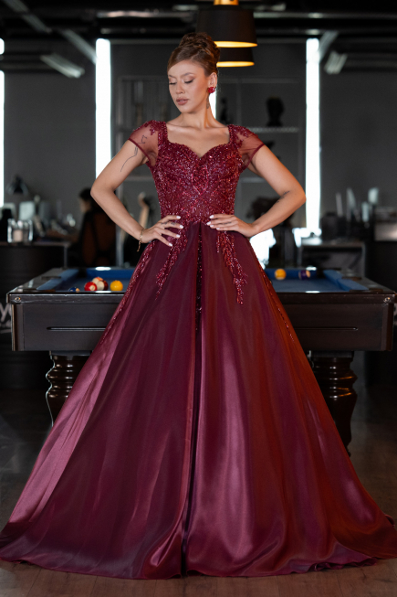 Burgundy Short Sleeve Stone Special Design Evening Dress ABU4449