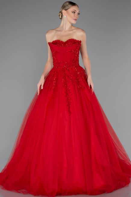 Red Strapless Dantelle Haute Couture Dress ABU4431