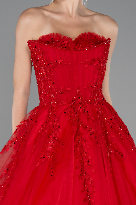 Red Strapless Dantelle Haute Couture Dress ABU4431