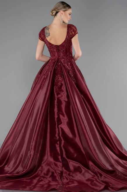 Burgundy Short Sleeve Stone Special Design Evening Dress ABU4449