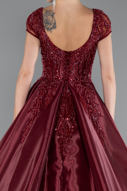 Burgundy Short Sleeve Stone Special Design Evening Dress ABU4449