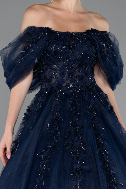 Navy Blue Boat Neck Embroidered Long Special Design Princess Dress ABU4720