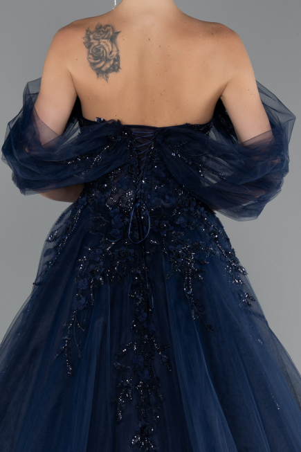 Navy Blue Boat Neck Embroidered Long Special Design Princess Dress ABU4720