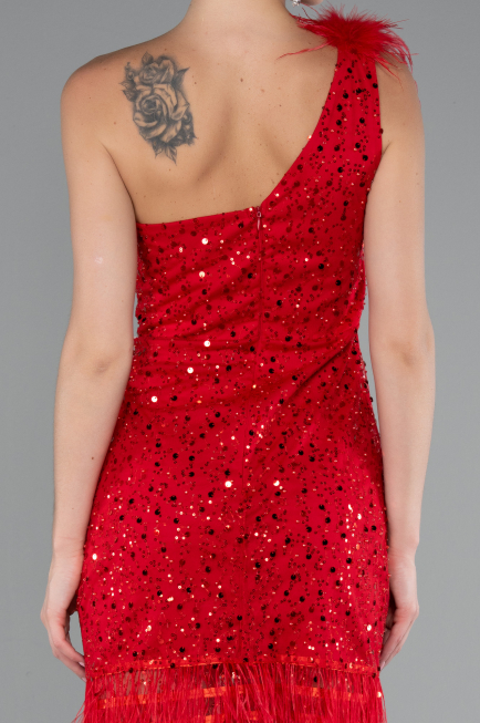 Red Feathered One Shoulder Short Scaly Evening Dress ABK2256