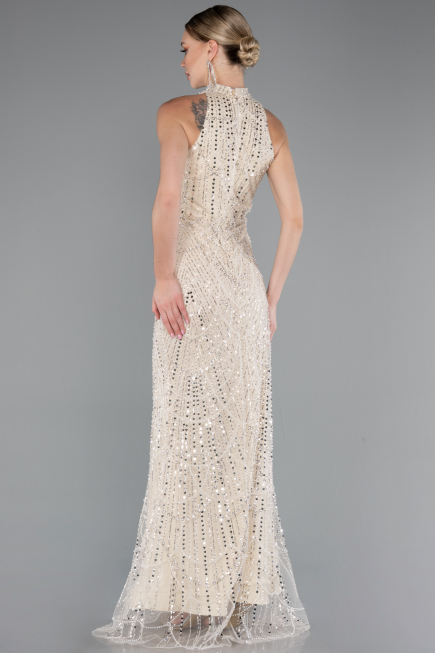 Beige Halter Neck Long Beaded Mermaid Evening Gown ABU4791