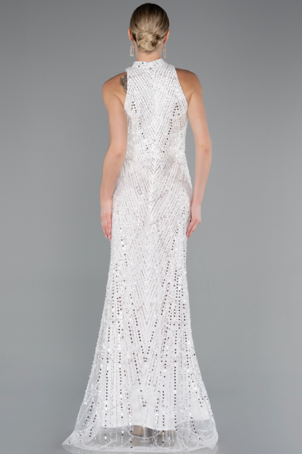 White Halter Neck Long Beaded Mermaid Evening Gown ABU4791