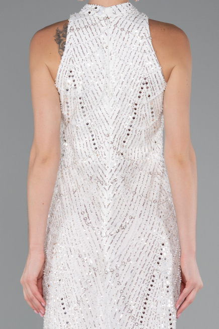 White Halter Neck Long Beaded Mermaid Evening Gown ABU4791