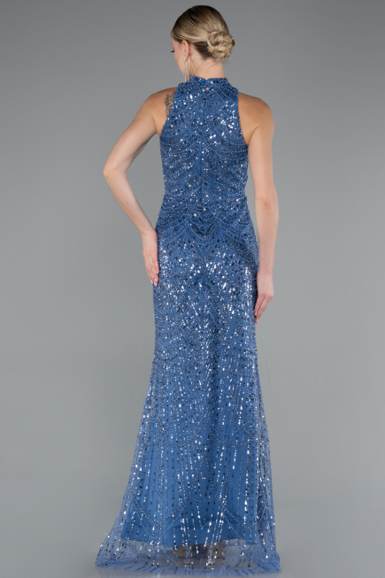 Indigo Halter Neck Long Beaded Mermaid Evening Gown ABU4791