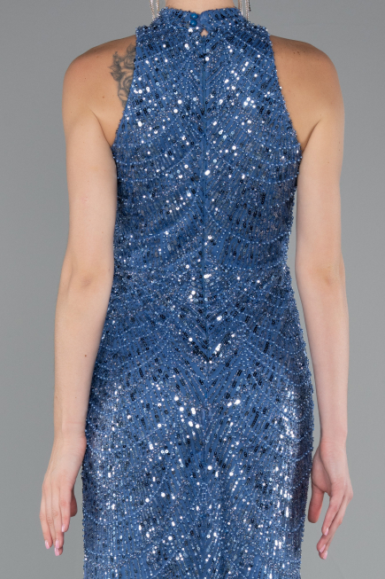 Indigo Halter Neck Long Beaded Mermaid Evening Gown ABU4791