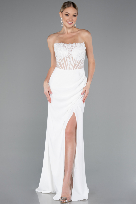 White Strapless Lace Appliqued Slit Long Evening Gown ABU5001
