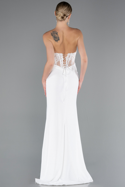 White Strapless Lace Appliqued Slit Long Evening Gown ABU5001