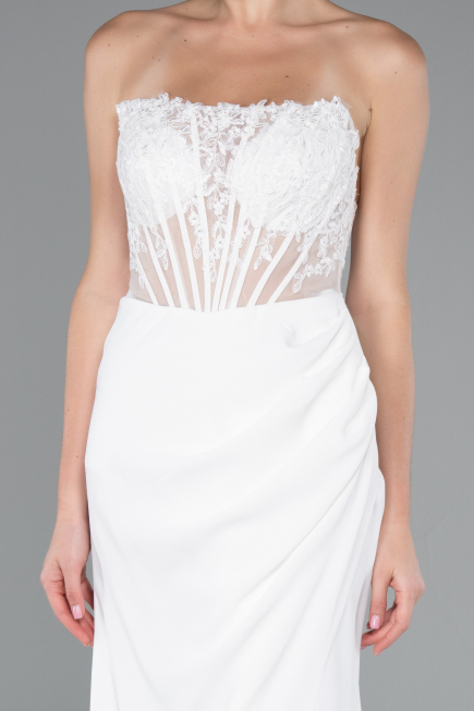 White Strapless Lace Appliqued Slit Long Evening Gown ABU5001