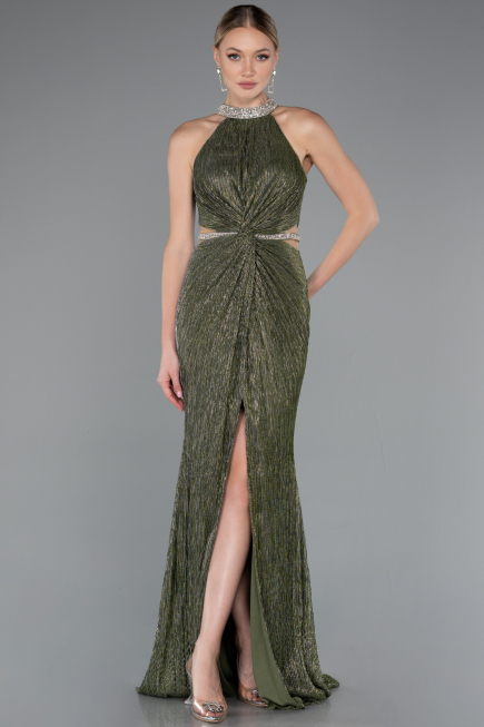 Olive Drab Halter Neck Slit Long Evening Gown ABU4324