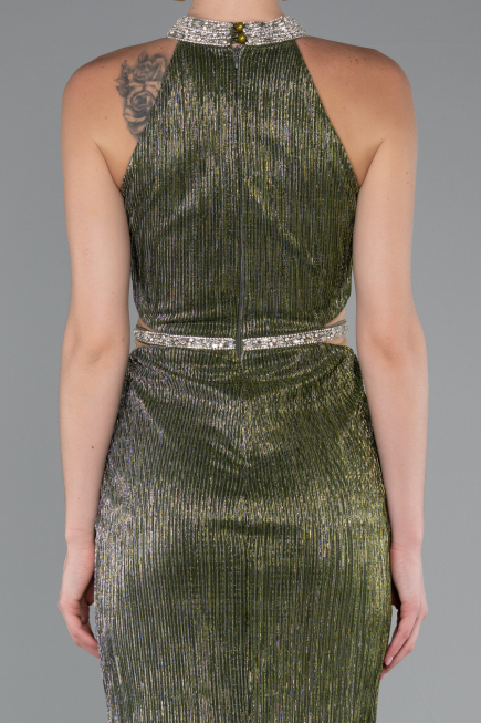 Olive Drab Halter Neck Slit Long Evening Gown ABU4324