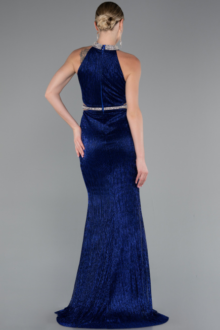 Sax Blue Halter Neck Slit Long Evening Gown ABU4324