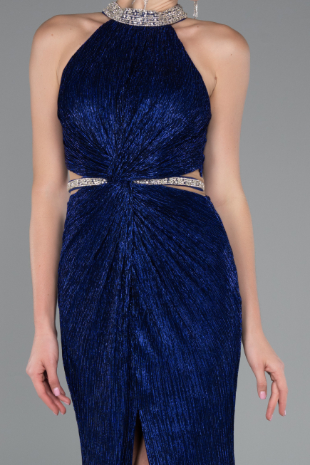 Sax Blue Halter Neck Slit Long Evening Gown ABU4324