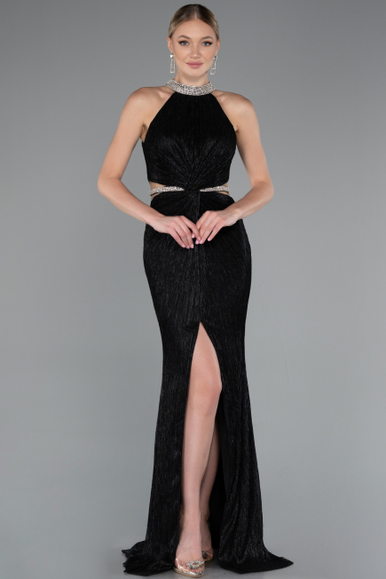 Black Halter Neck Slit Long Evening Gown ABU4324